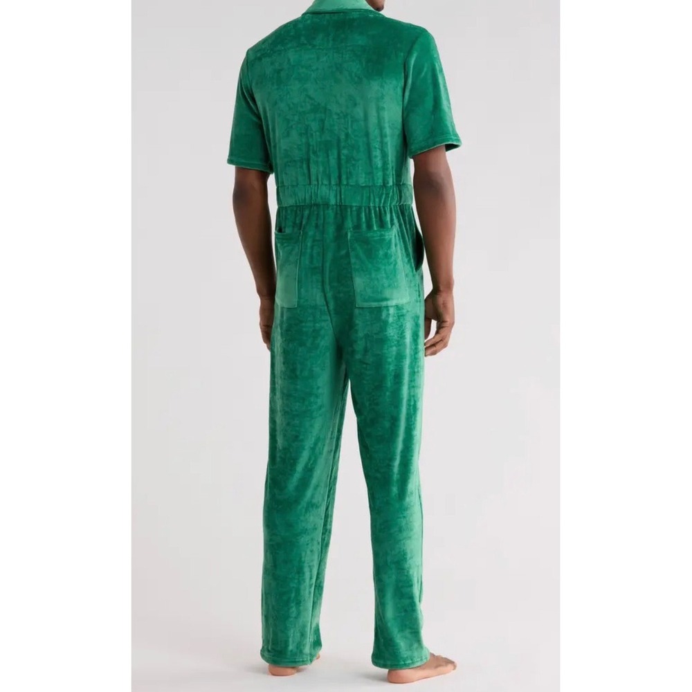 Enzo Mens Emerald Green Velour Short Sleeve Jumpsuit Coverall Romper Zip Front M - Picture 2 of 3